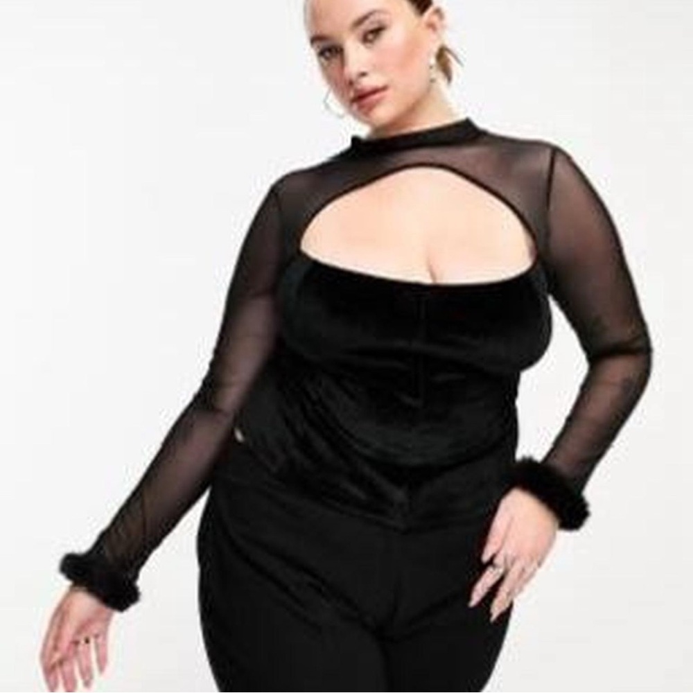 ASOS Black Velvet & Mesh Cutout Top Size 18 NWT